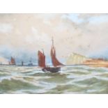 Thomas Mortimer, watercolour, coastal seascape with fishing boats and steamers, signed and