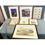 A collection of framed prints and a tapestry - birds, landscapes, street scenes, a toddler with
