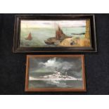 Oil on board, quayside scene with figures, fishermen and boats, signed with initials PJS, framed -