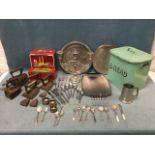 Miscellaneous metalware - silver plate, EPNS trays, flatware, a candelabra, salts and a toastrack,