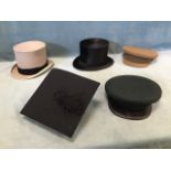 Five gentlemans hats - grey topper by Lock & Co, army felt by Herbert Johnson, a mortar board by