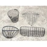 Two wall baskets for flowers - crescent and rectangular shaped; and iron corner hay heck; and a