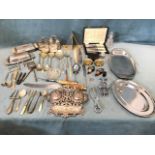 Miscellaneous silver plate including a Victorian pierced scrolled desk tidy, a cased set of tea