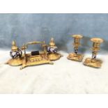 A Victorian pierced cast brass desk set comprising an inkstand with a pair of blue and white ceramic