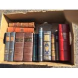 A box of leather bound heraldry and Scottish history books, including Robertsons Historical Works,