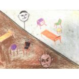 Modern British naive school, pastels on sugar paper, spiky heads, furniture and CND symbols,