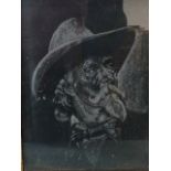 An Edwardian etched glass portrait of Buffalo Bill on black ground, in gilt & gesso frame. (7in x