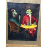 Dulce H de Beatriz, oil on paper, two figures seated at a table, signed, laid down and in ribbed