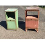 Two 1930s Lloyd Loom style bedside cabinets with glass tops above open shelves and compartments with
