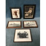 A collection of framed photographs including Royal Naval officers, cruisers, and a portrait of a