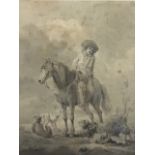 Philips Wouwerman, C17th watercolour, figure on horse with dogs in landscape, laid down, mounted &