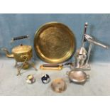 Miscellaneous items - a late Victorian brass tea kettle on stand with burner, a circular Manor