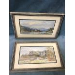 Late Victorian landscape watercolours, a pair, lake view with boating and distant village, and
