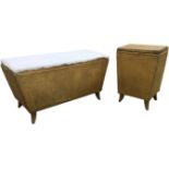 A gold painted Lloyd Loom style ottoman bench of tapering form with hinged cushion seat; and a