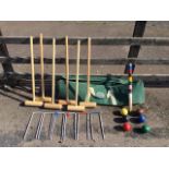 A Jacques lawn croquet set, in canvas carrying case, complete, with mallets, balls, hoops, pin, etc.