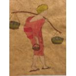 Katie Blackmore, watercolour on paper, Japanese woman carrying baskets of small apples, reputedly
