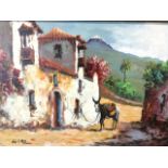 Diaz, oil on board, Mediterranean lane view with donkey, signed & gilt framed. (23.25in x 15.25in)