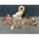 A collection of ceramic birds & animals including a Victorian Staffordshire wally dog, Beswick,