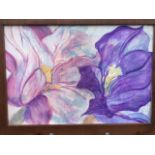 Oil on board, purple flowers, unsigned, in wide contemporary frame with hammered iron medallions. (