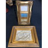 Two decorative cast faux marble panels depicting classical scenes, one mounted with a mirror, in