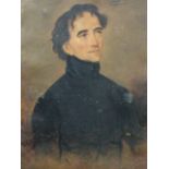 A C19th oil on canvas, portrait of a young gentleman wearing a black high collared tunic in a