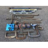 Miscellaneous vices, clamps, levels, jemmy bars, a mitre block, hub wrenches, a sash cramp, etc. (