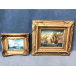 Oil on canvas, marine scene with naval man-o-war tall ship, signed indistinctly, in heavy gilt