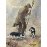 WB Hindmarsh, pencil & watercolour, study of a shepherd with two dogs, signed, mounted & framed. (