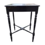 A square late Victorian aesthetic ebonised occasional table, with ring-turned legs joined by a