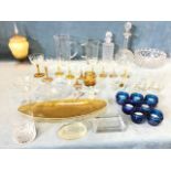 Miscellaneous glass - decanters & stoppers, paperweights, amber footed glasses, jugs, fruit bowls,