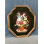 Octagonal oil on canvas, still life with colourful vase of flowers on slab, signed with initials