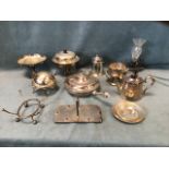 Miscellaneous silver plate including an oval breakfast dish, an eperne, a teapot, an egg boiler, a