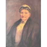 Late nineteenth century oil on canvas, bust portrait of an old lady, in leaf & berry moulded