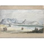 Charles Davidson Bell, watercolour, coastal view with figures on beach, inscribed to verso Cape Town