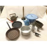 Metal items including a copper kettle, a Creuset cast pan, a copper posstick, an enamelled kettle,