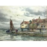 John Hamilton Glass, watercolour, coastal view with figures on quayside, signed, inscribed to