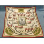 A Hermès silk scarf titled Sonneurs de Trompe, depicting hunting hounds, horn blowers, a stag, etc.,