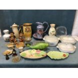A collection of miscellaneous ceramics and glass including a pair of Melba Ware Toby jugs, a jug and