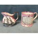 A Victorian Sunderland lustre tankard with scrolled handle, decorated with sailors ditties on pink