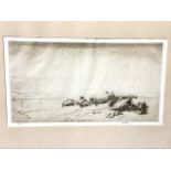 James McBey, etching, desert scene with camels, titled on mount The Midday Halt, dated 1919 in print