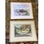 Harold Barklam, watercolour, river landscape with stepping stones, signed, mounted & framed; and