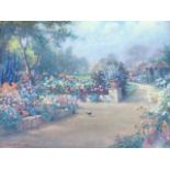 J Valentine, oil on canvas, summer garden scene with blackbird on path, signed and dated 1948, in