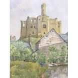 Watercolour study of Warkworth Castle, signed indistinctly and dated, mounted and framed. (9in x