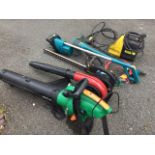 Six electric/garden tools from a garden shed - an 1800 watt leafblower, a Black & Decker