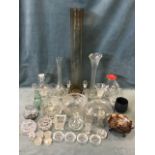 Miscellaneous glass including tall vases, a heavy cut glass fruit bowl, jugs, decanters &