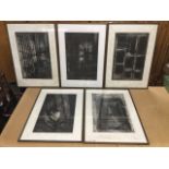 Shirley Lester, charcoal on coloured paper, study of windows, mounted & framed; and a set of four