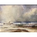 Early C20th watercolour, ship off coast in stormy seas, signed with initials JJ and dated 1918,