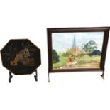 A deco octagonal firescreen painted in Japanese style with a cockerel on tones of gold and copper on