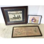 An Edwardian oak framed photograph of three men in a boat in a harbour - 11.5in x 9in; a Victorian