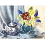 Lalia Dickson, watercolour, still life with teapot, bowl & vase of flowers, signed, mounted &